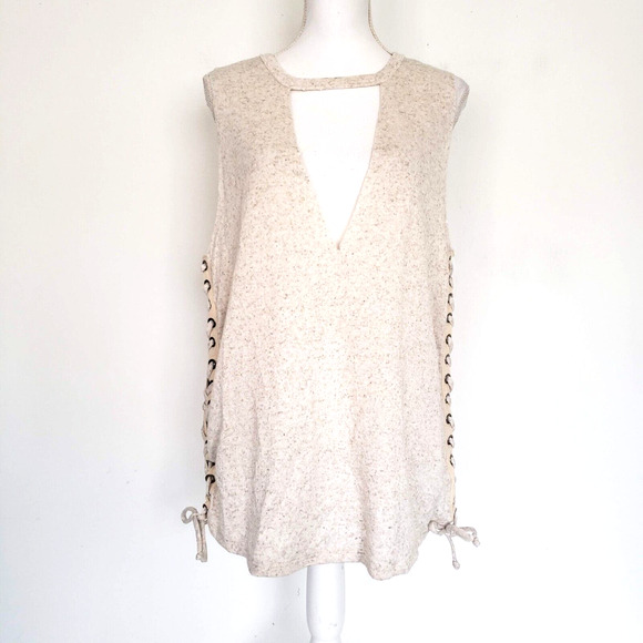 Maronie SIZE S Cream Textured Tunic Tank Top Distressed Lace Up Sides Keyhole - Picture 14 of 14